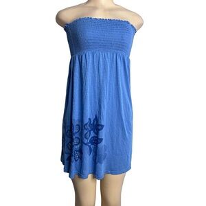 Blue Strapless Dress with Floral Design